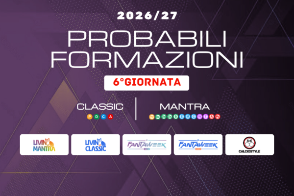 Fantacalcio 6°Giornata: consigli e formazioni